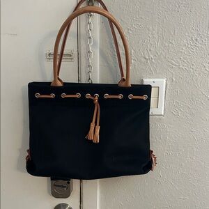 Black Tote Bag with Tan Leather Trim - Classic Everyday Handbag